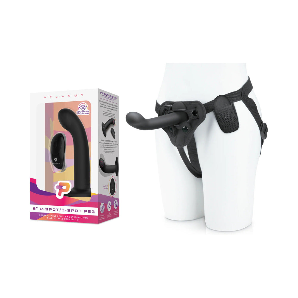 Pegasus 6 in. Curved Realistic Rechargeable Remote-Controlled Dildo & Harness Set Black - Red Garter