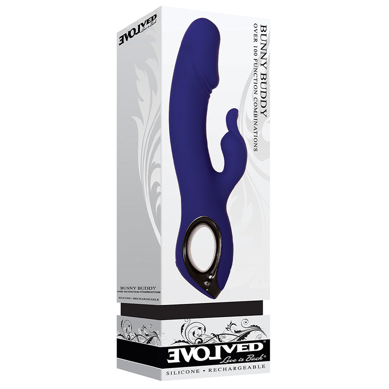 Evolved Bunny Buddy Rechargeable Silicone Rabbit Vibrator Blue - Red Garter