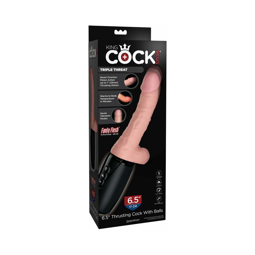 Pipedream King Cock Plus 6.5 in. Thrusting Cock With Balls Rechargeable Realistic Vibrator Beige - Red Garter