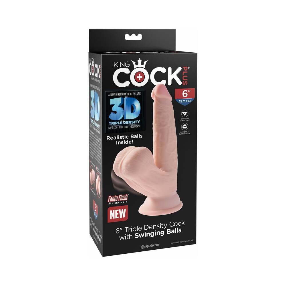 Pipedream King Cock Plus 6 in. Triple-Density Cock With Swinging Balls Dildo Beige - Red Garter