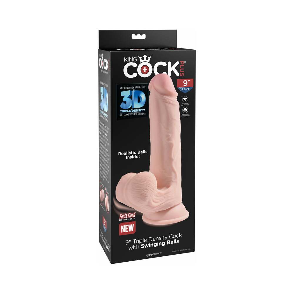 Pipedream King Cock Plus 9 in. Triple-Density Cock With Swinging Balls Dildo Beige - Red Garter