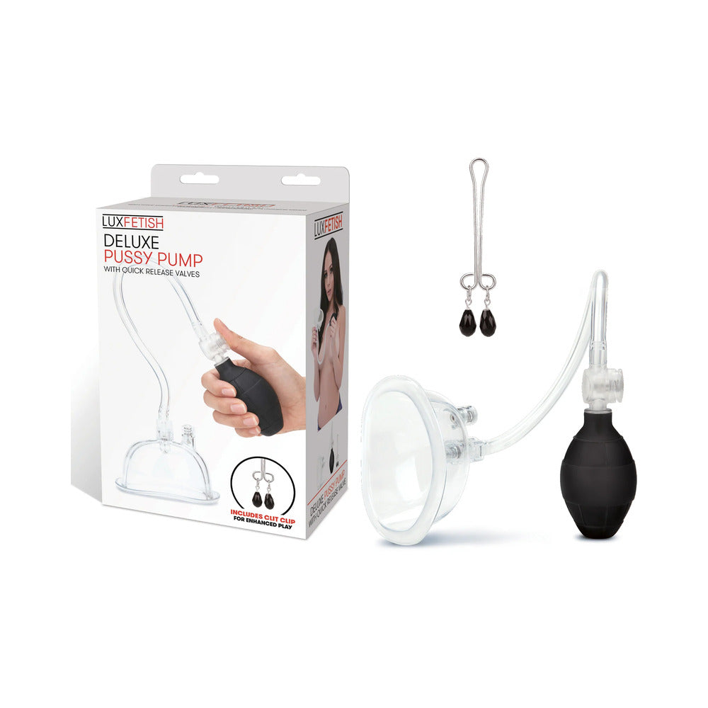 Lux Fetish Deluxe Pussy Pump with Quick-Release Valves - Red Garter