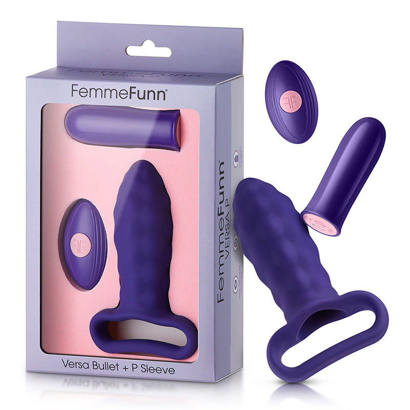 FemmeFunn Versa P Bullet Vibrator & Textured Silicone Sleeve Dark Purple - Red Garter