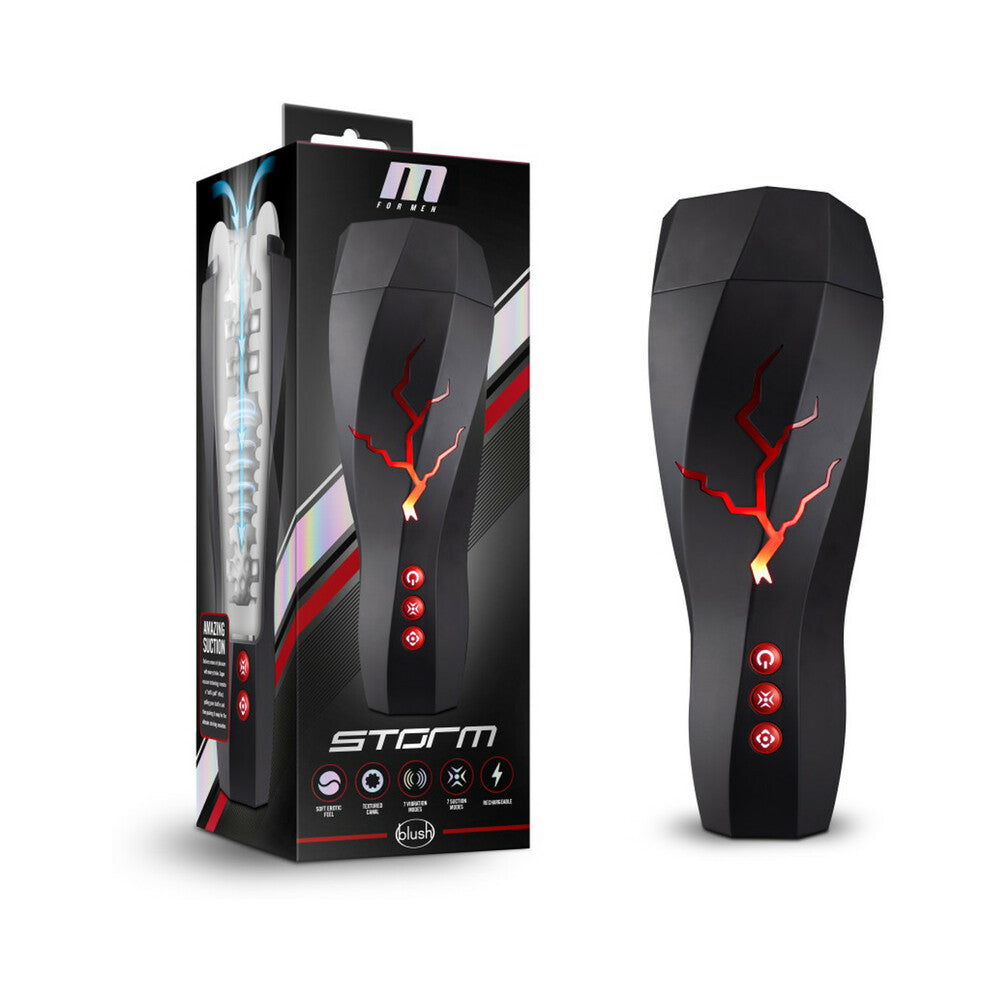 Blush M for Men Storm Rechargeable Vibrating Suction Masturbator Black - Red Garter