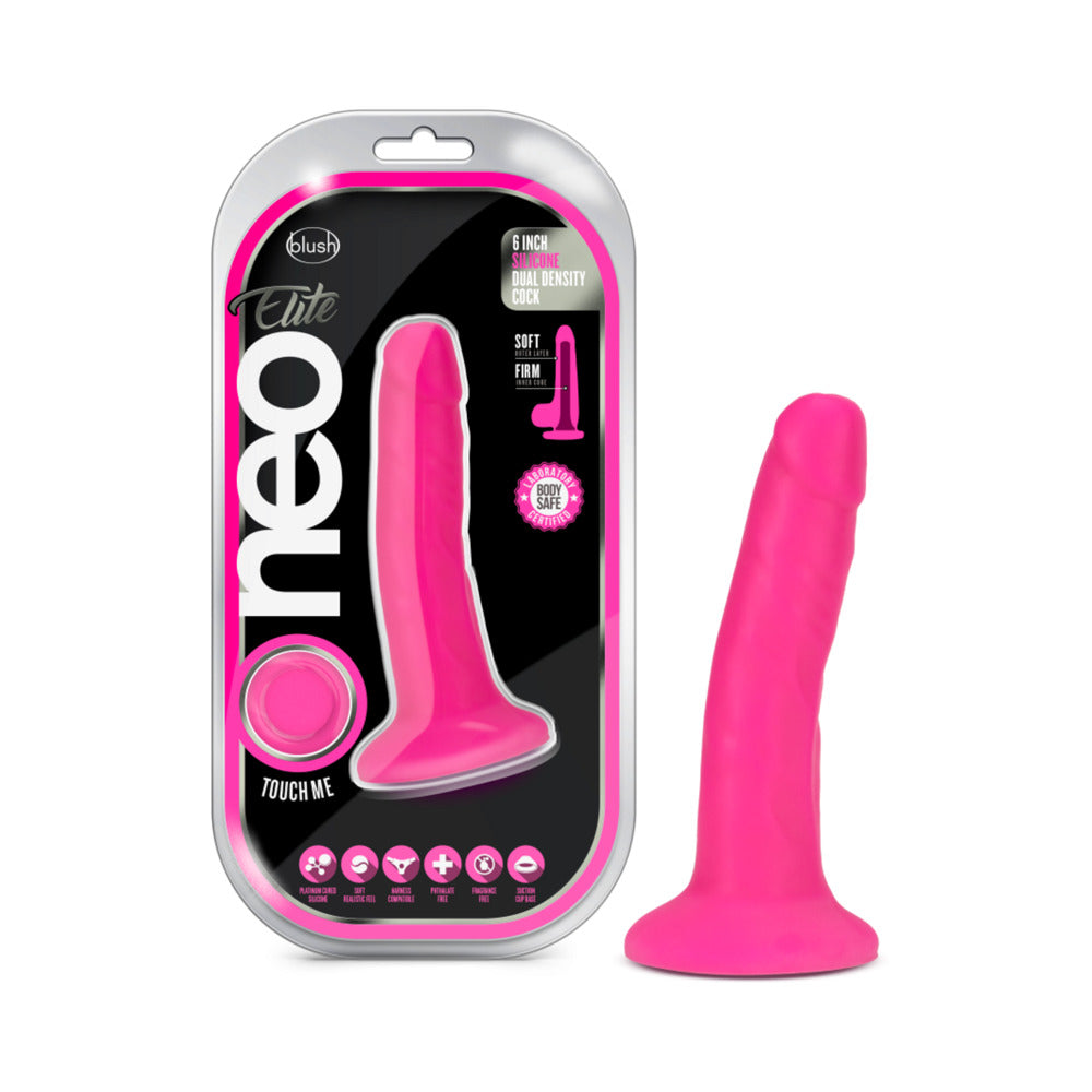 Blush Neo Elite 6 in. Silicone Dual Density Dildo with Suction Cup Neon Pink - Red Garter