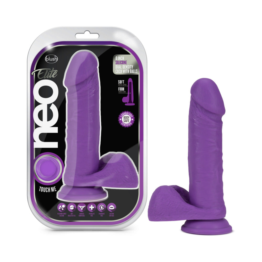 Blush Neo Elite 8 in. Silicone Dual Density Dildo With Balls & Suction Cup Neon Purple - Red Garter