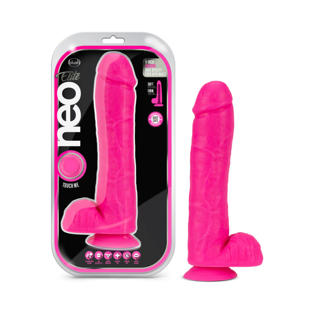 Blush Neo Elite 11 in. Silicone Dual Density Dildo with Balls & Suction Cup Neon Pink - Red Garter