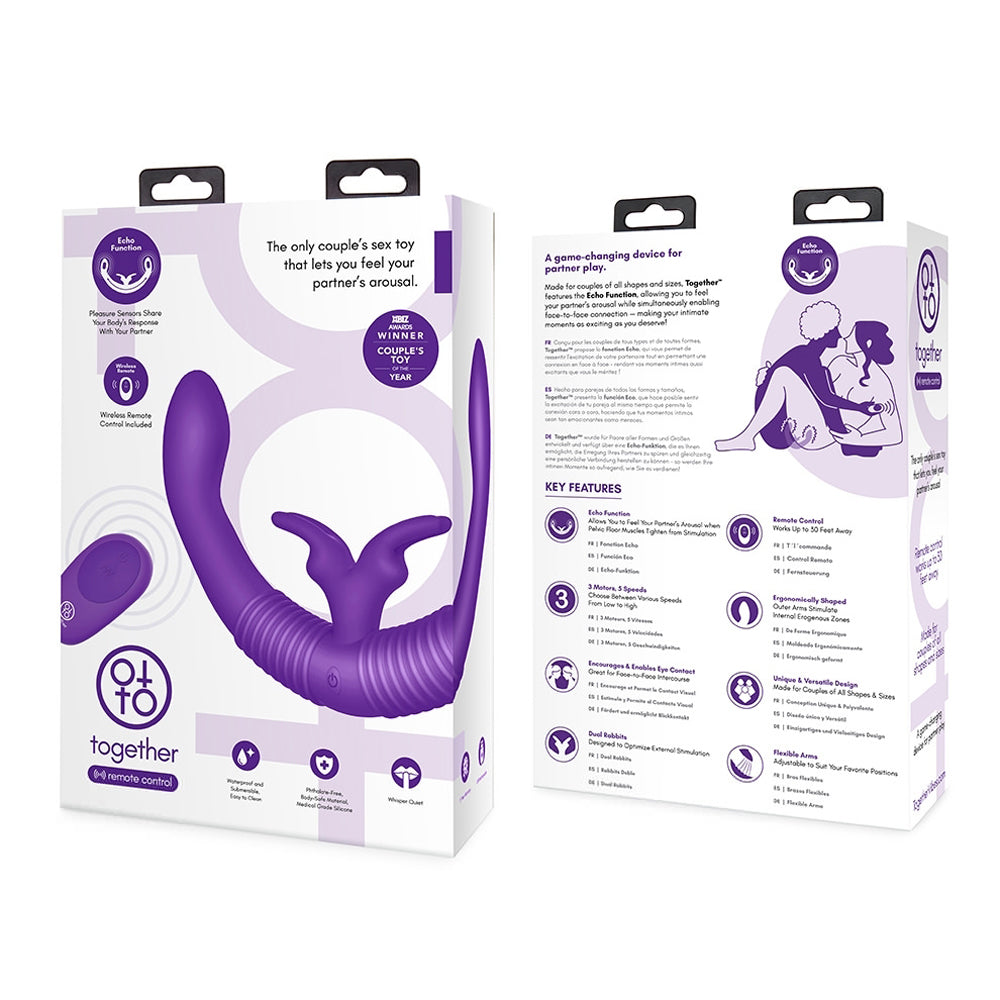 Together Couples Toy Remote-Controlled Dual Ended Rabbit Vibrator Purple - Red Garter