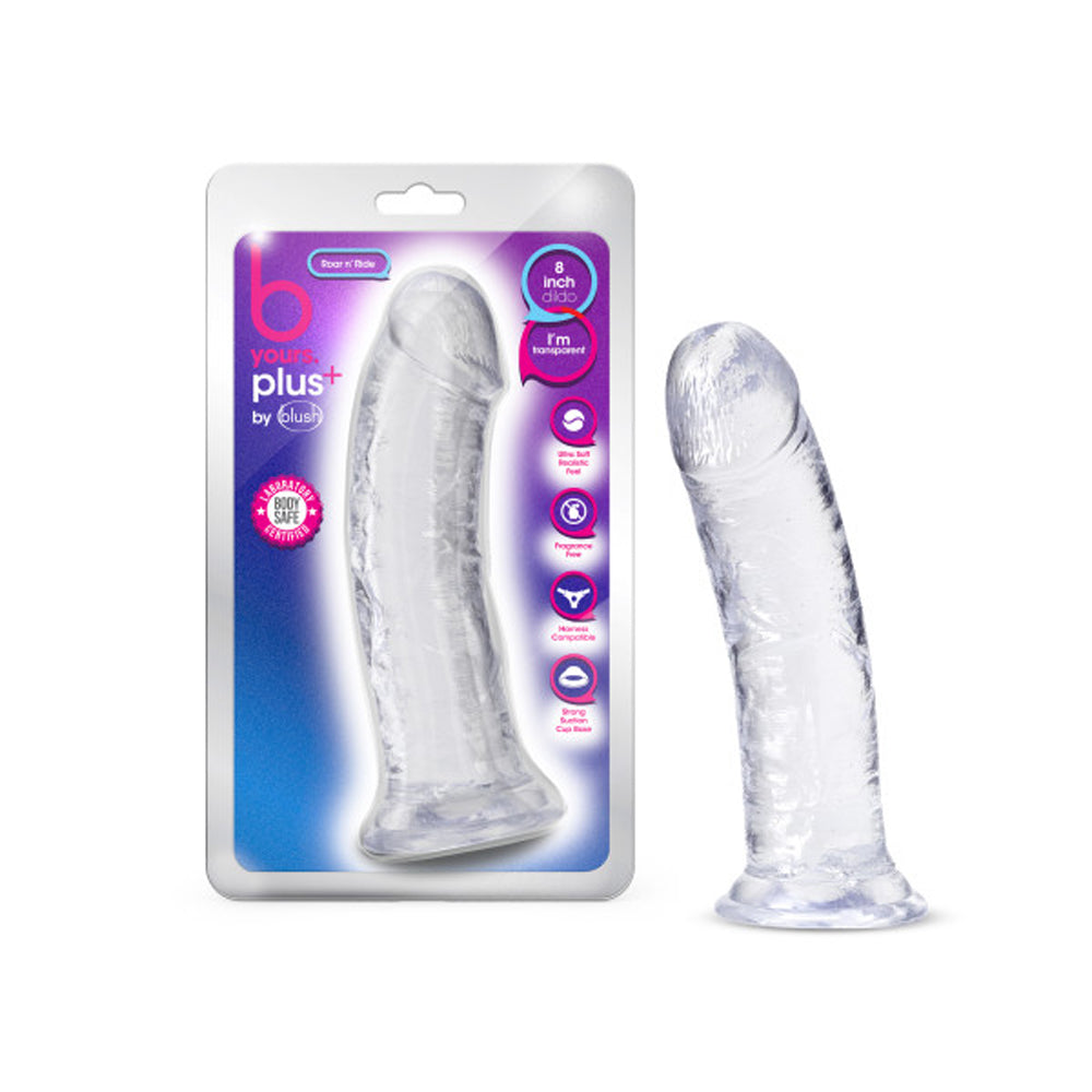 Blush B Yours Plus Roar n'' Ride 8 in. Dildo with Suction Cup Clear - Red Garter