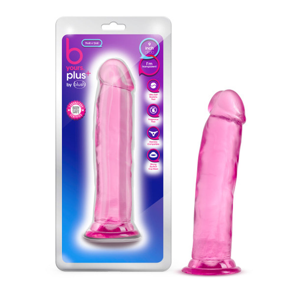 Blush B Yours Plus Thrill n'' Drill 9 in. Dildo with Suction Cup Pink - Red Garter