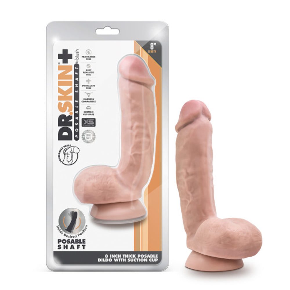 Dr. Skin Plus Thick 8 in. Triple Density Posable Dildo with Balls Beige - Red Garter