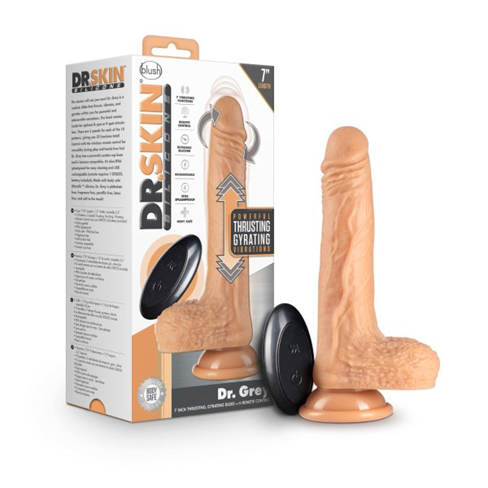 Dr. Skin Dr. Grey Remote-Controlled 7 in. Thumping Dildo with Balls Beige - Red Garter