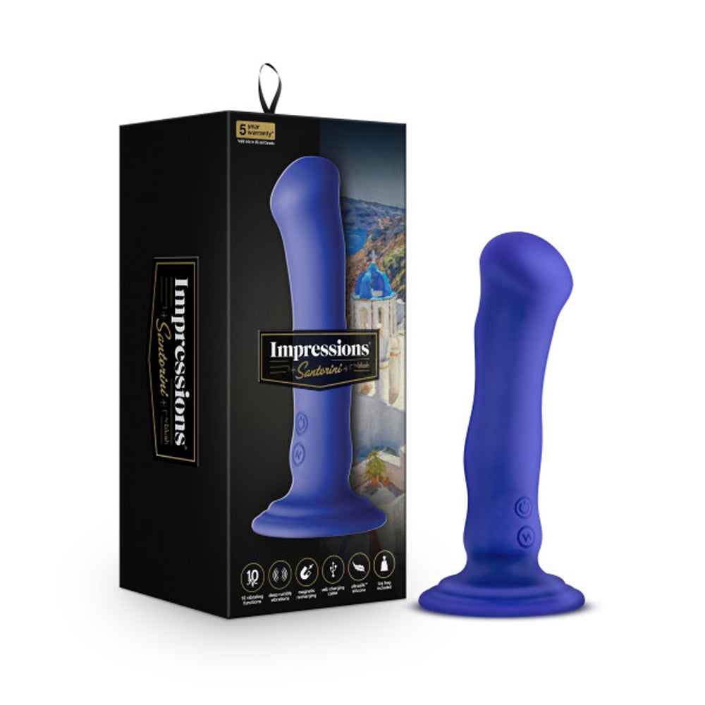 Impressions Santorini Rechargeable Silicone 6.5 in. Vibrating Dildo Blue - Red Garter
