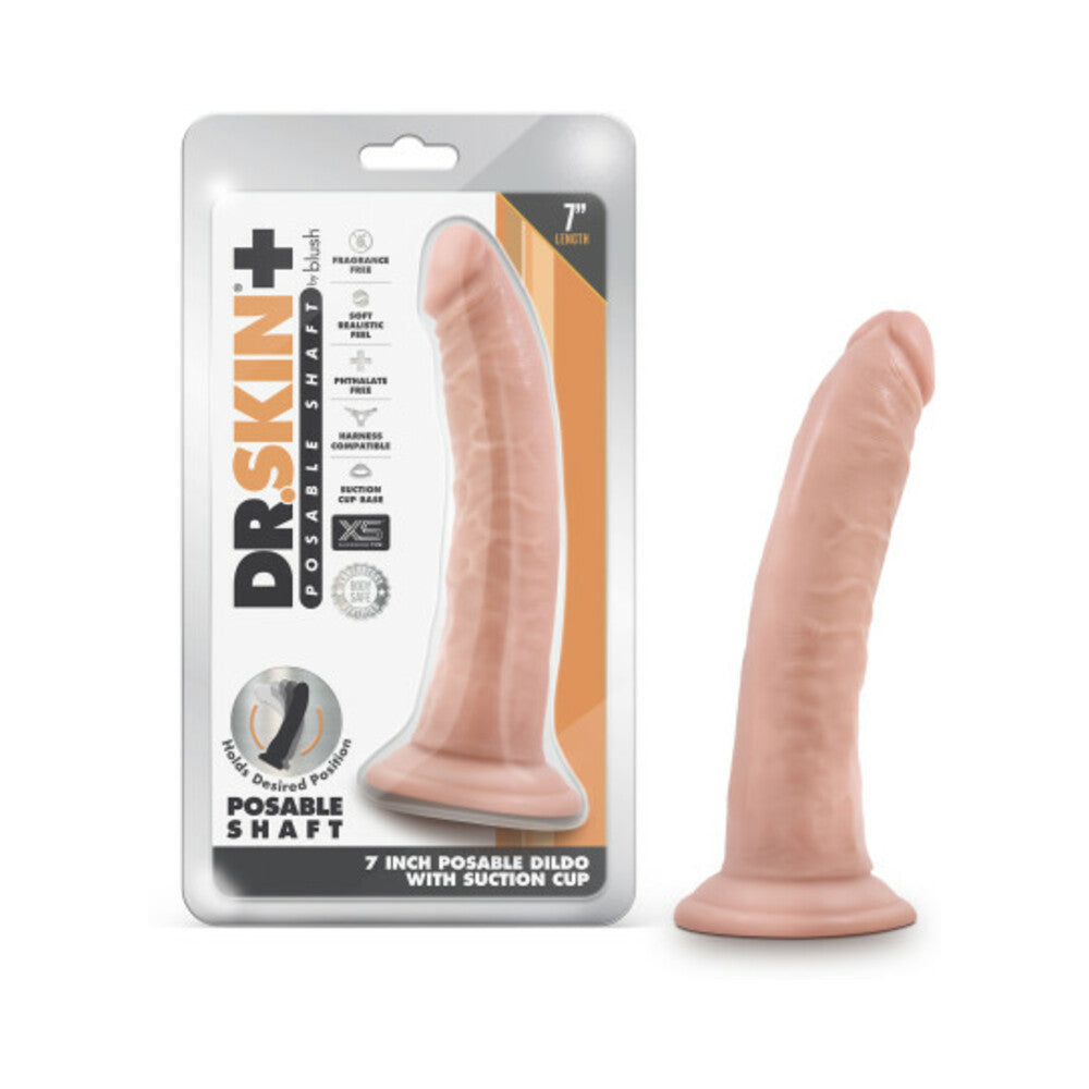Dr. Skin Plus Realistic 7 in. Triple Density Posable Dildo with Suction Cup Beige - Red Garter