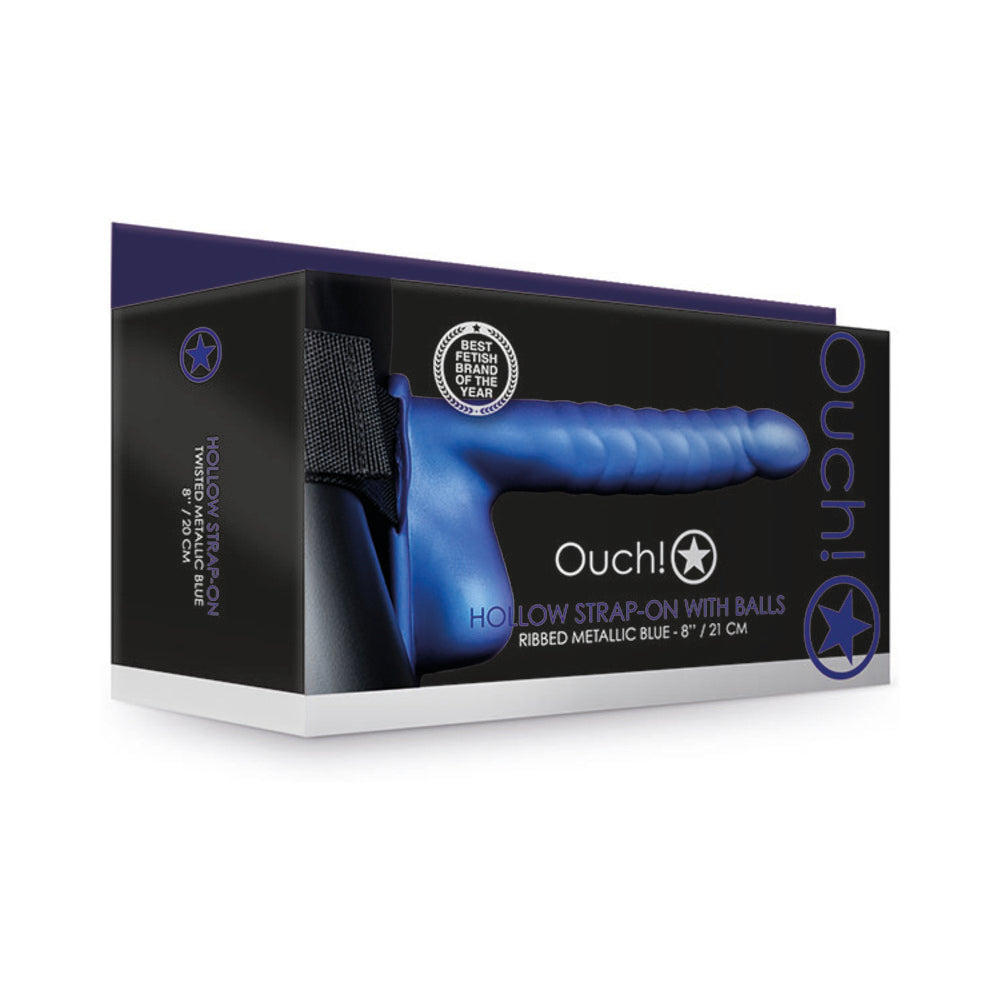 Ouch! Ribbed 8 in. Hollow Strap-On with Balls Metallic Blue