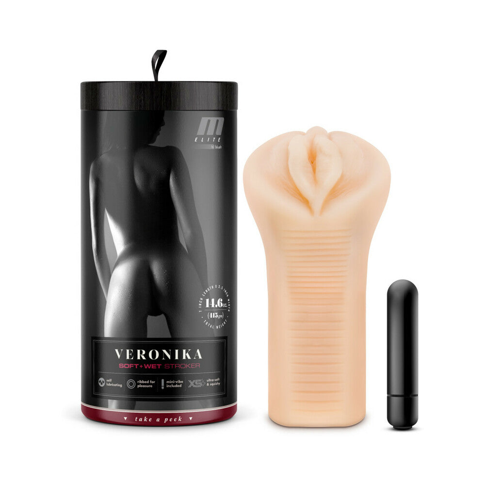 M Elite Soft + Wet Veronika Vagina Stroker with Bullet Vibrator Beige - Red Garter