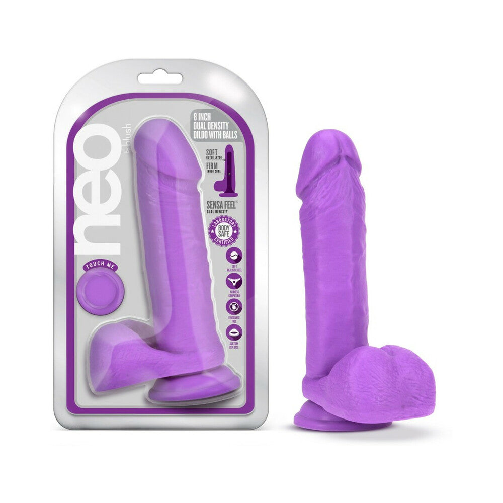 Neo 8 in. Dual Density Dildo with Balls Neon Purple - Red Garter