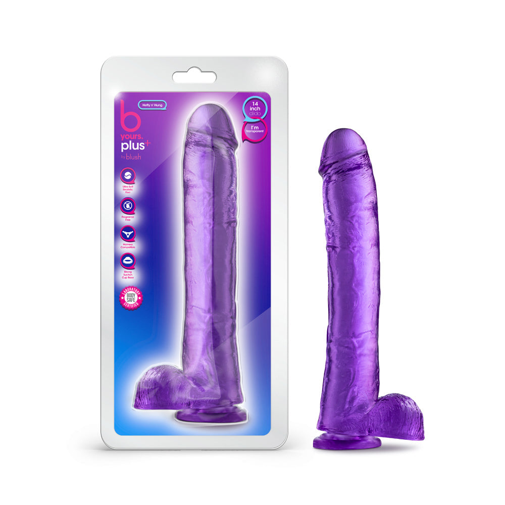 Blush B Yours Plus Hefty n'' Hung 14 in. Dildo with Balls & Suction Cup Purple - Red Garter