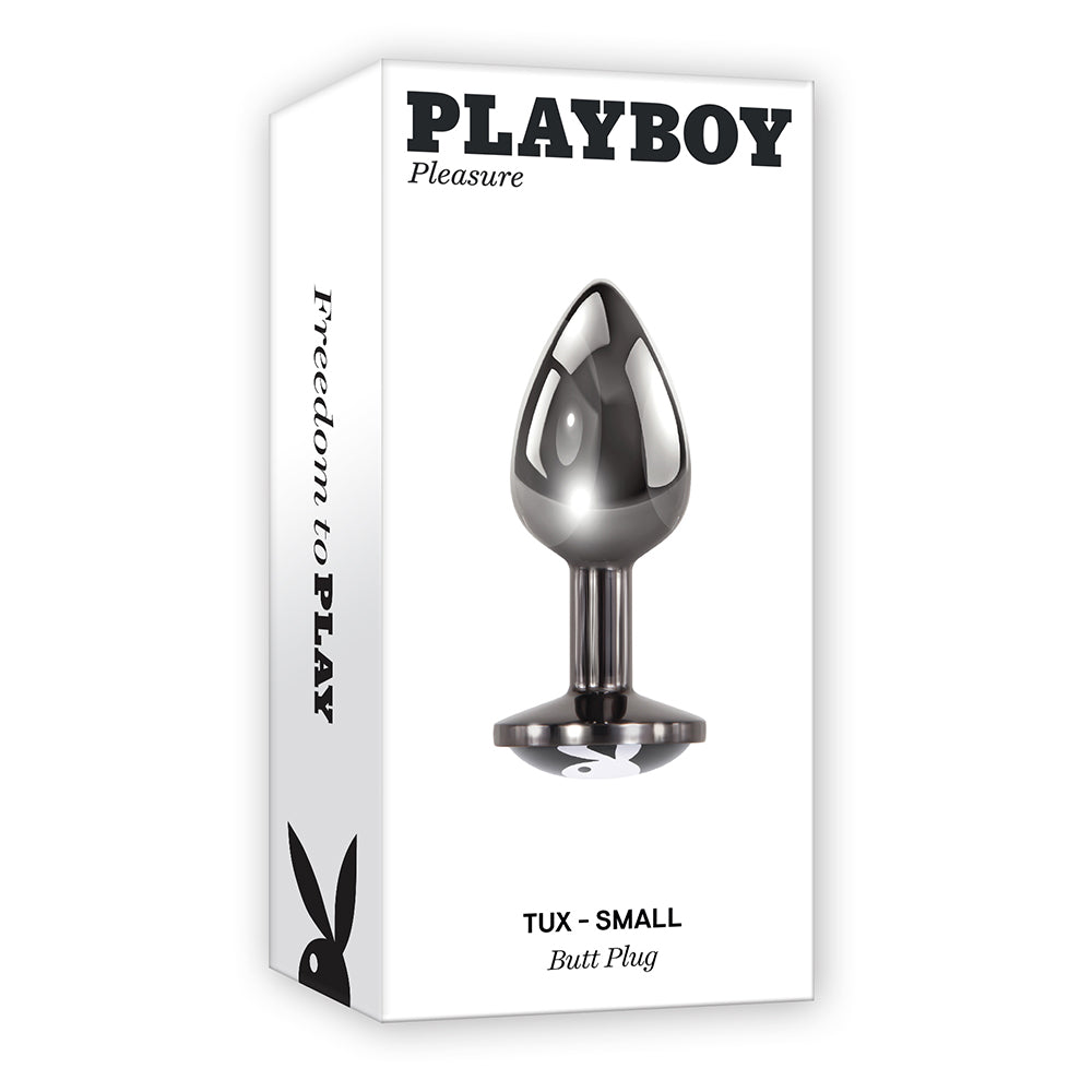 Playboy Tux Small Metal Anal Plug Hematite - Red Garter