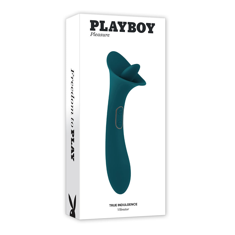 Playboy True Indulgence Rechargeable Dual Ended Silicone Flicking Vibrator Deep Teal - Red Garter