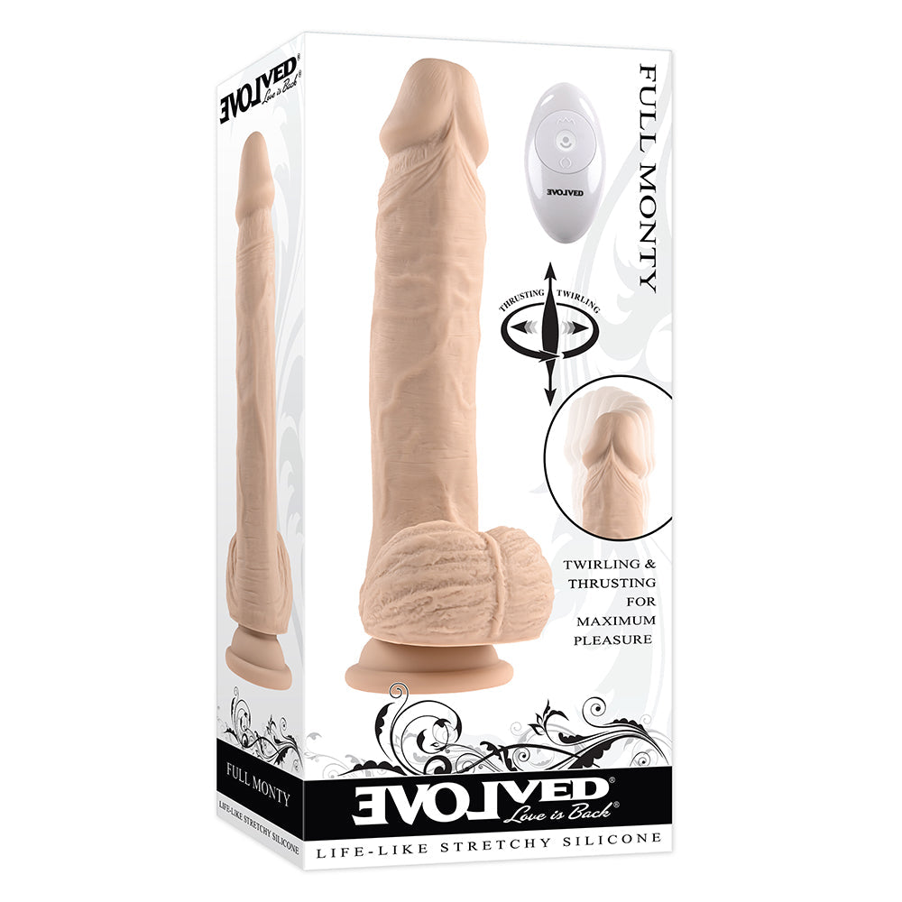 Evolved Full Monty Rechargeable Remote-Controlled Thrusting Twirling 9 in. Silicone Dildo Light - Red Garter