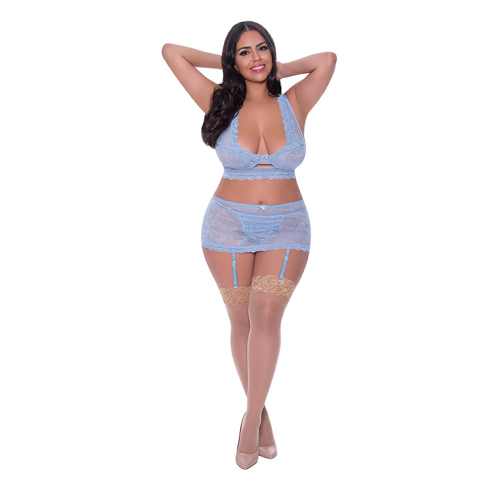 Magic Silk Ooh La Lace Bralette, Garter Skirt & G-String Set Periwinkle Queen Size - Red Garter