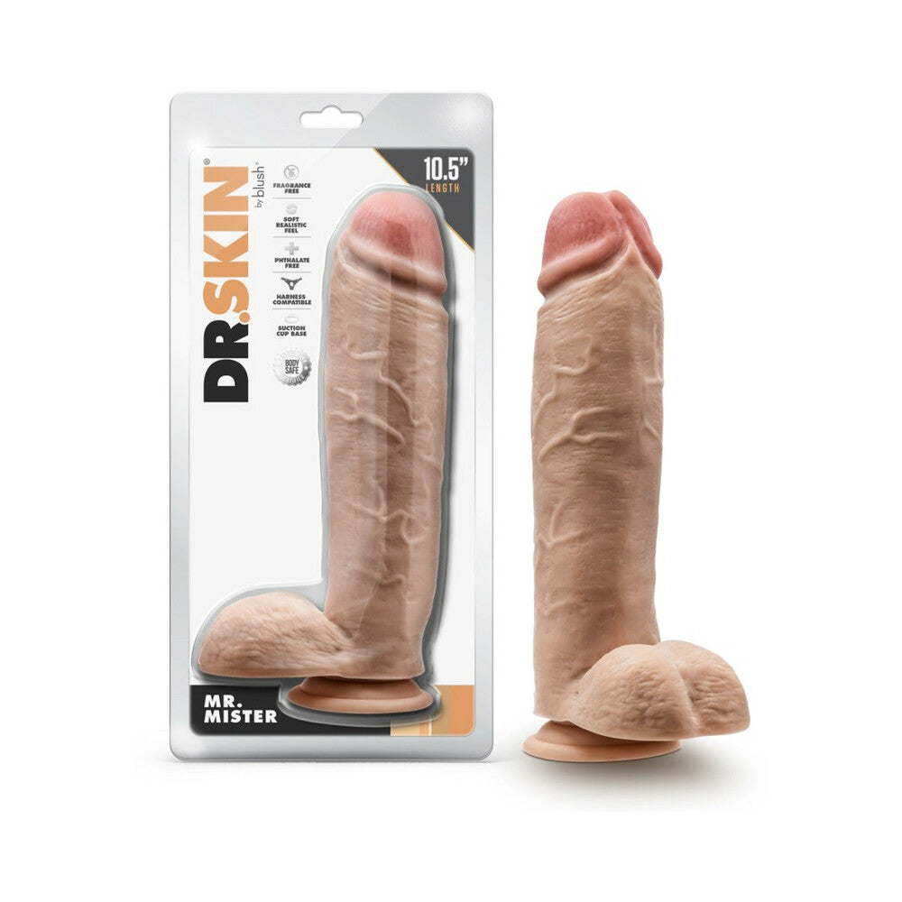 Dr. Skin Mr. Mister 10.5 in. Dildo with Balls Beige - Red Garter