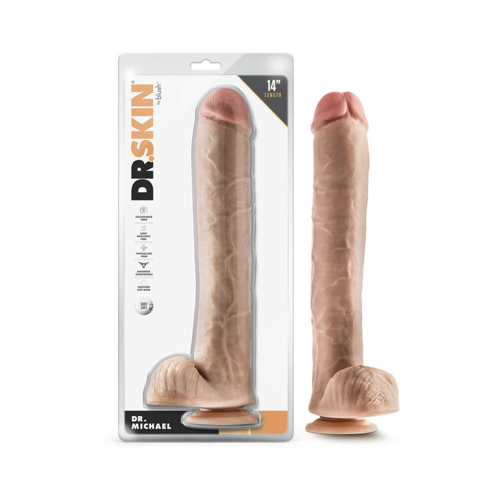 Dr. Skin Dr. Michael 14 in. Dildo with Balls Beige - Red Garter
