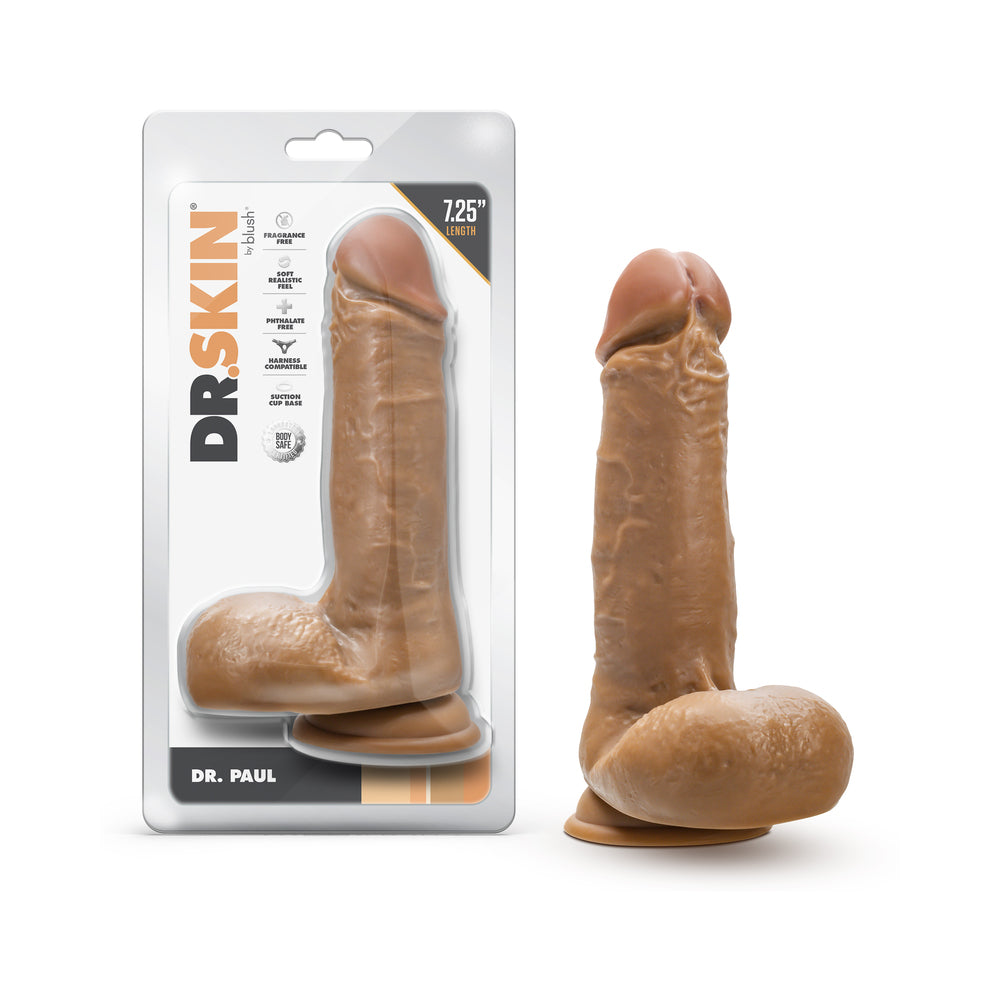Dr. Skin Dr. Paul 7.25 in. Dildo with Balls Tan - Red Garter