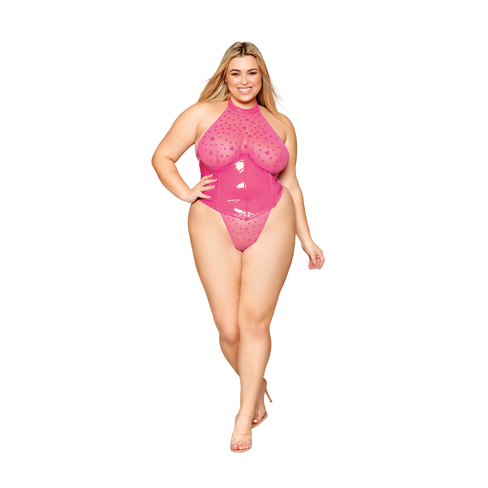 Dreamgirl Flocked Heart Stretch Mesh and Stretch Vinyl Halter Teddy Peony 1XL - Red Garter