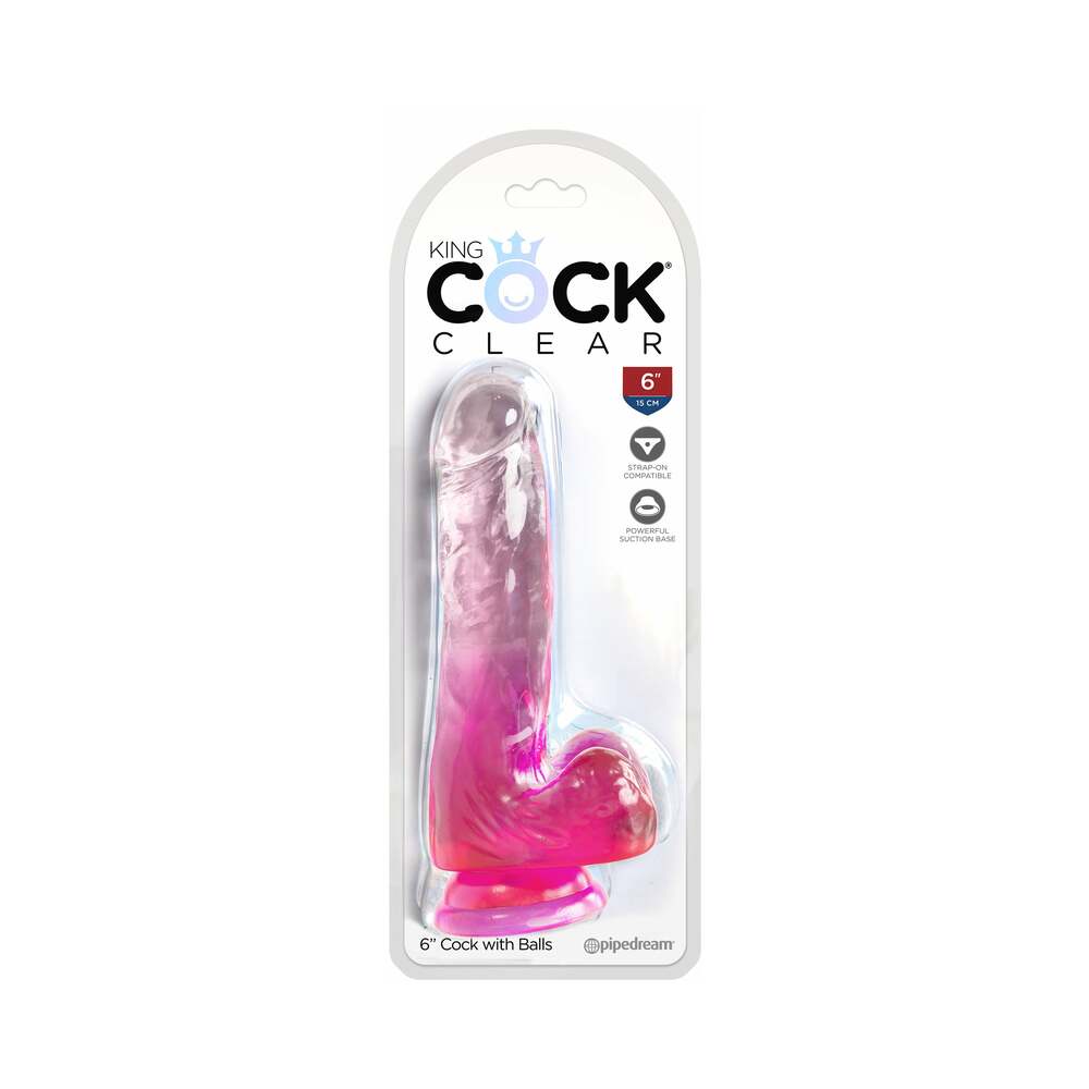 King Cock Clear with Balls 6in Pink - Red Garter