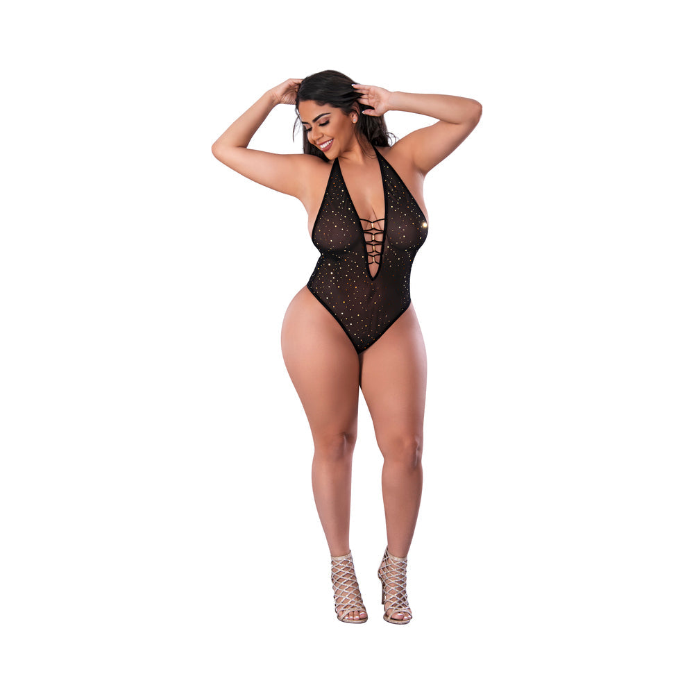 Magic Silk Glitz & Glam Bodysuit with Snap Crotch Black Queen Size - Red Garter