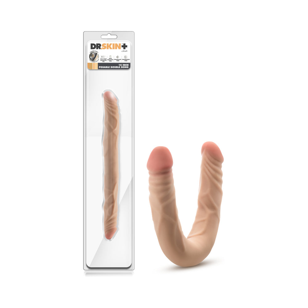 Dr. Skin Plus 14 in. Posable Double Dong Beige - Red Garter