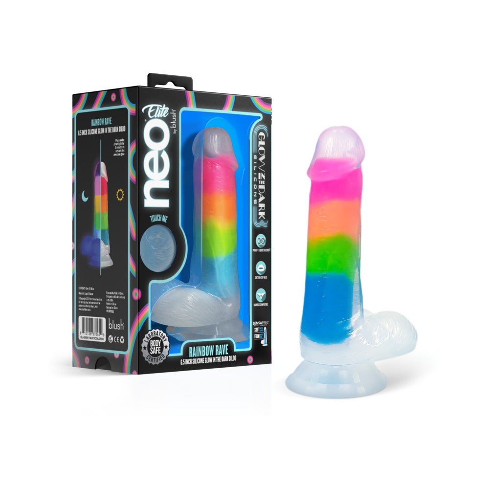 Neo Elite Glow-in-the-Dark Rainbow Rave 6.5 in. Silicone Dual Density Dildo - Red Garter