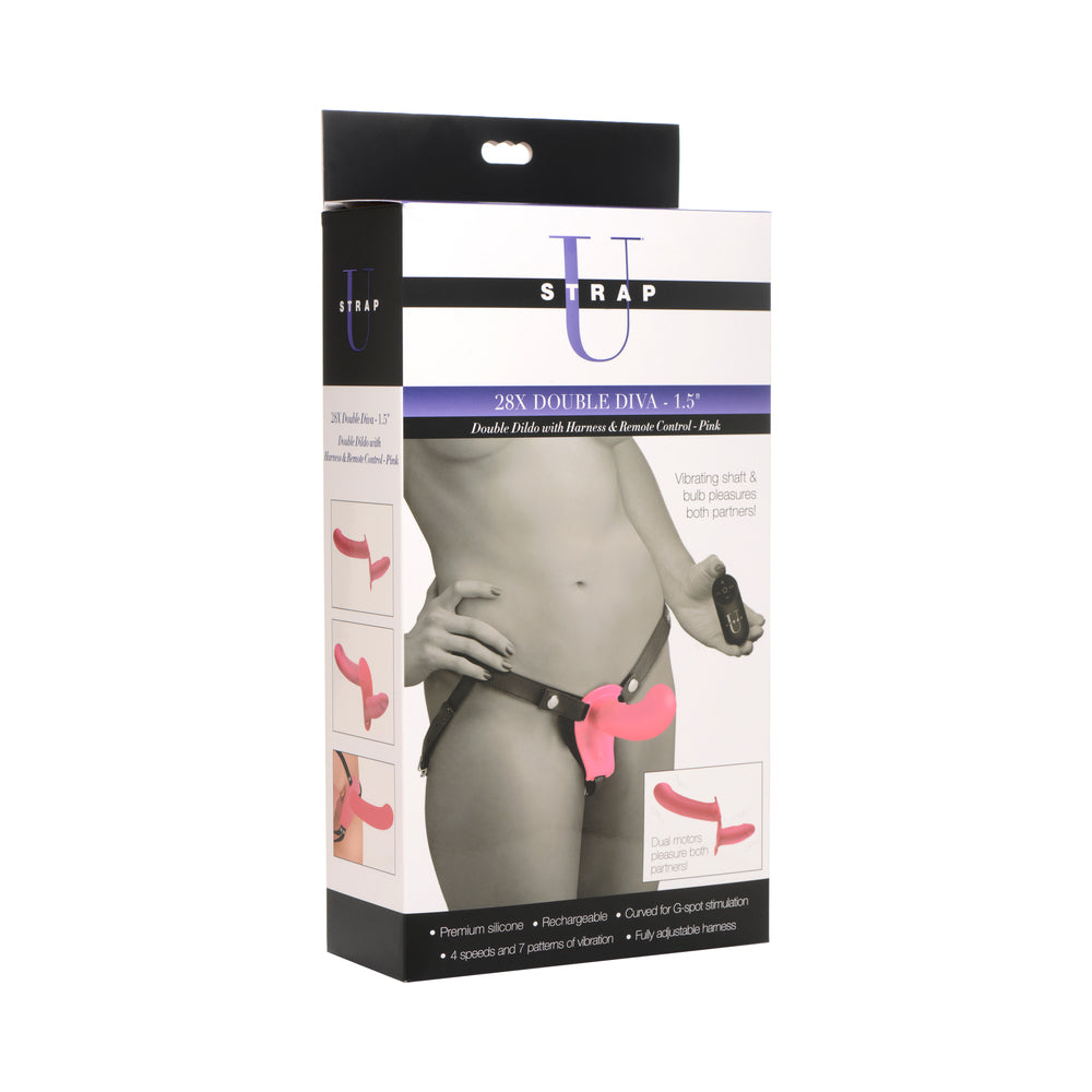 Strap U 28X Double Diva 1.5 in. Double Dildo with Harness & Remote Pink
