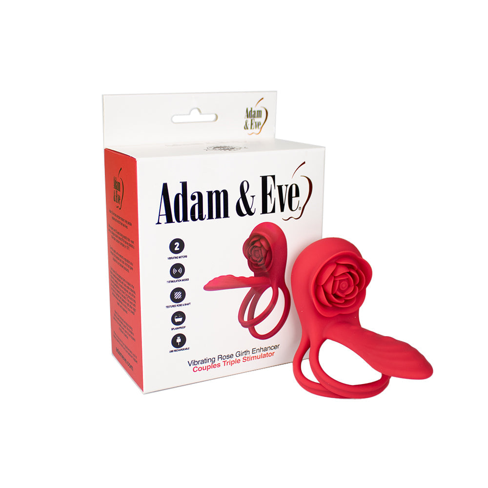 Adam & Eve Vibrating Rose Girth Enhancer with triple stimulator for couples, featuring vibrant rose design and vibrating function.
