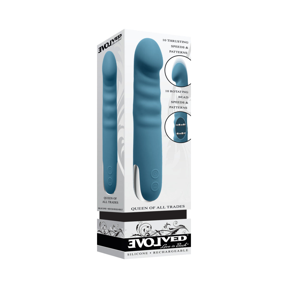 Evolved Queen Of All Trades Rechargeable Silicone Thrusting and Rotating Vibrator Teal - Red Garter