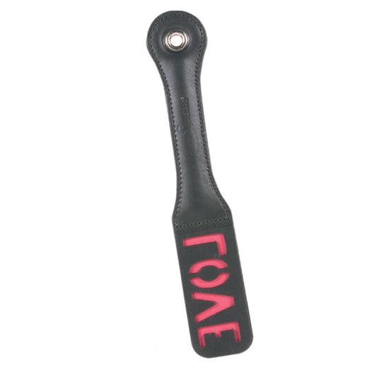 Sportsheets Sex & Mischief 12 in. ''Love'' Leather Impression Paddle - Red Garter