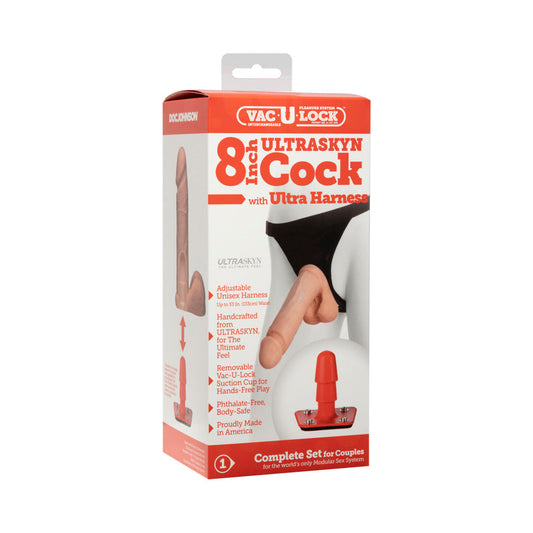 Vac-U-Lock - 8-Inch ULTRASKYN Cock - With Ultra Harness White - Red Garter