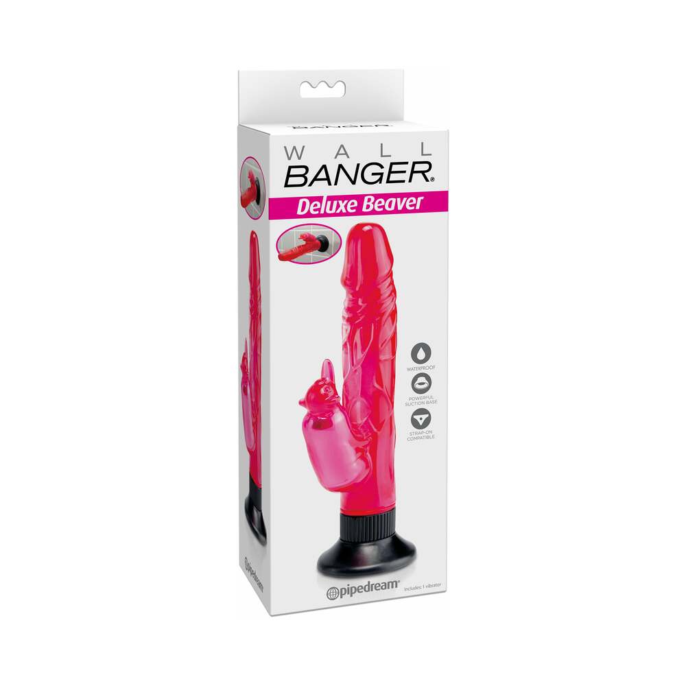 Pipedream Waterproof Wall Bangers Deluxe Beaver Dual Stimulation Vibrator Pink - Red Garter