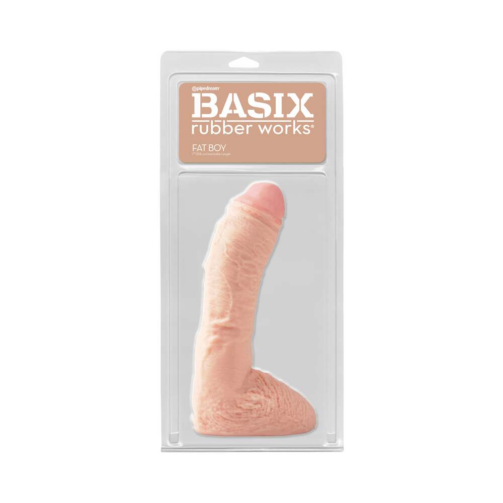 Pipedream Basix Rubber Works Fat Boy 10 in. Dildo With Balls Beige - Red Garter