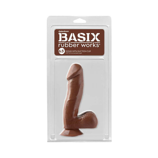 Pipedream Basix Rubber Works 6.5 in. Dong With Balls & Suction Cup Brown - Red Garter