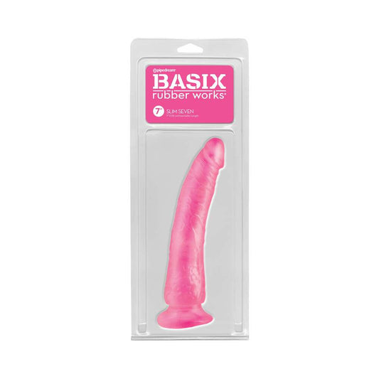 Pipedream Basix Rubber Works Slim Seven 7 in. Dildo With Suction Cup Pink - Red Garter