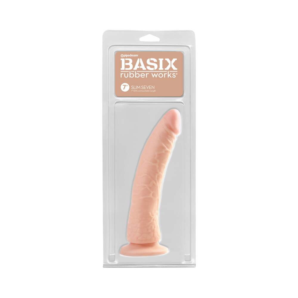 Pipedream Basix Rubber Works Slim Seven 7 in. Dildo With Suction Cup Beige - Red Garter
