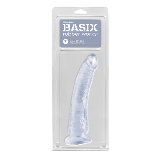 Pipedream Basix Rubber Works Slim Seven 7 in. Dildo With Suction Cup Clear - Red Garter