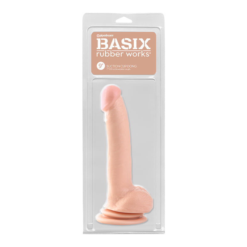 Pipedream Basix Rubber Works 9 in. Suction Cup Dong With Balls Beige - Red Garter
