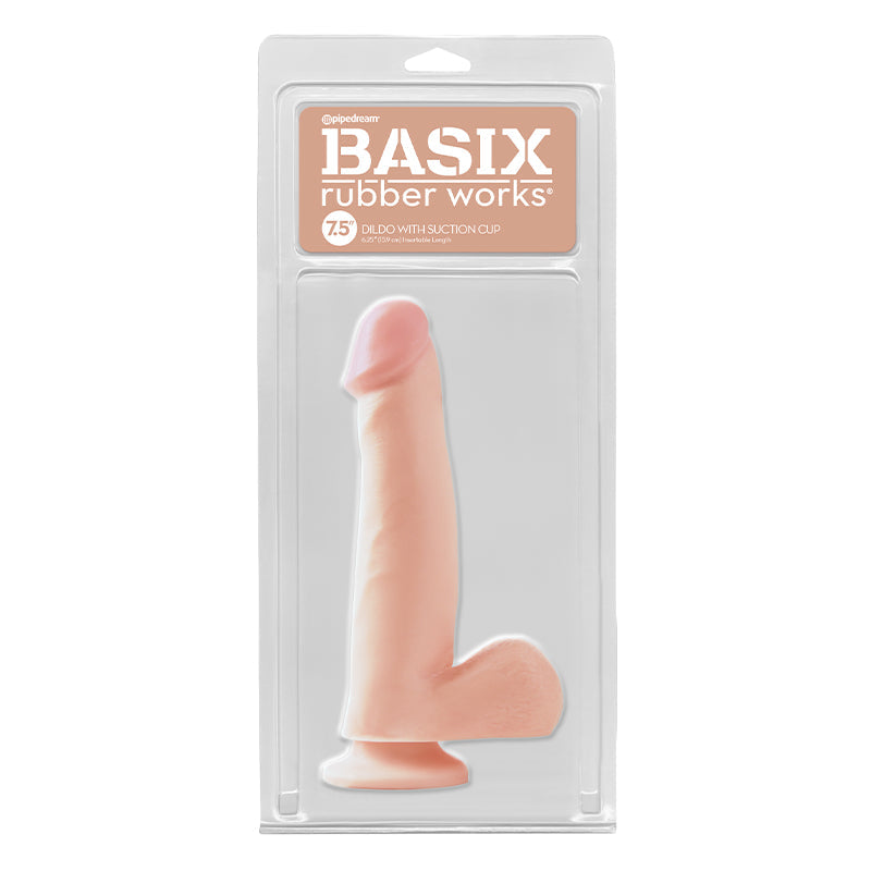 Pipedream Basix Rubber Works 7.5 in. Dildo With Balls & Suction Cup Beige - Red Garter