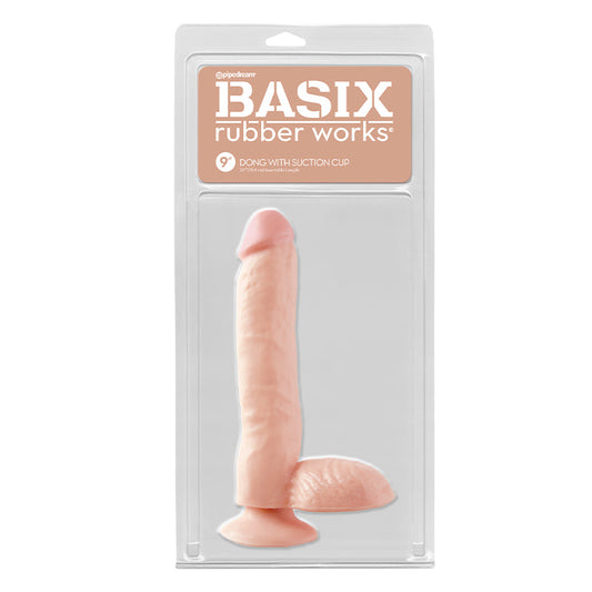 Pipedream Basix Rubber Works 9 in. Dong With Balls & Suction Cup Beige - Red Garter