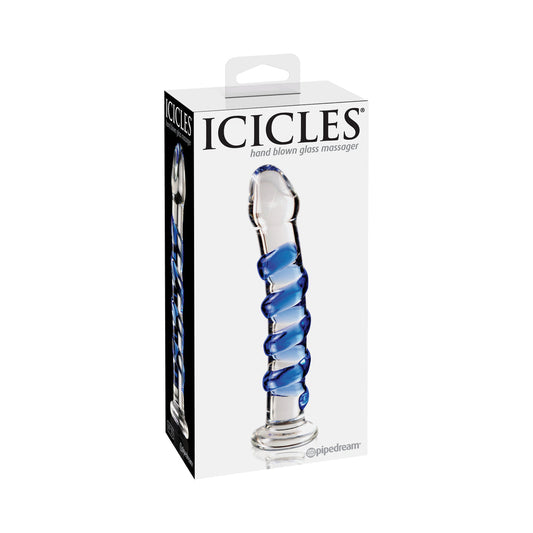 Pipedream Icicles No. 5 Curved Ribbed 7 in. Glass Dildo Blue/Clear - Red Garter