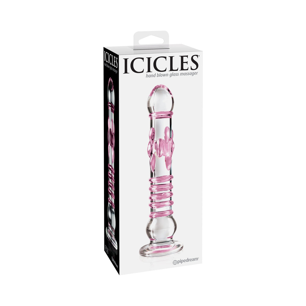 Pipedream Icicles No. 6 Textured 8.5 in. Glass Dildo Pink/Clear - Red Garter